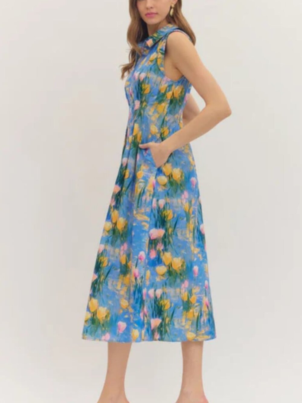 Entro - Botanical Midi Dress with Front Zipper - Blue NWT Size Small